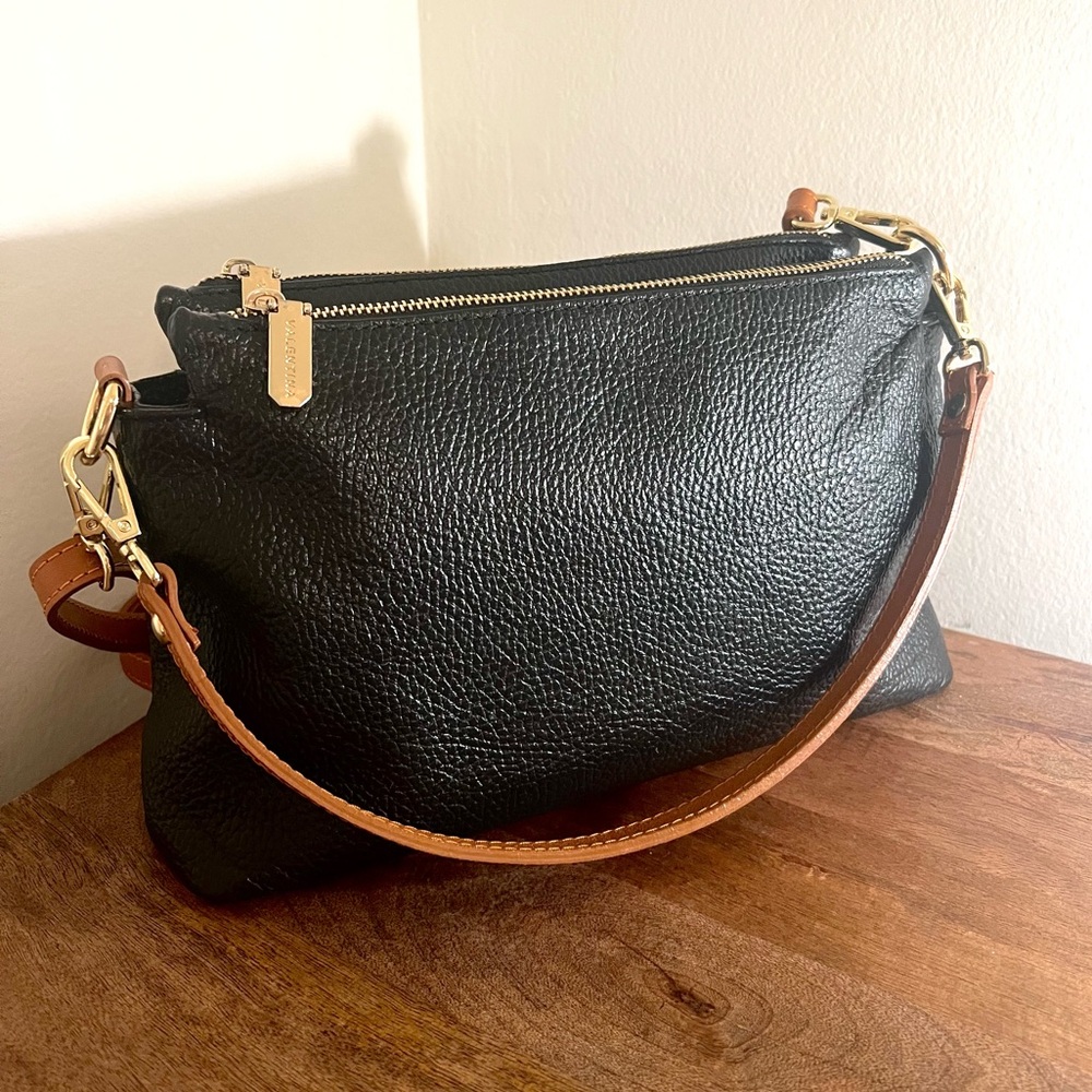 VALENTINA Black & Brown Leather Crossbody / Shoulder Bag • 2 straps • 12”x7.5”